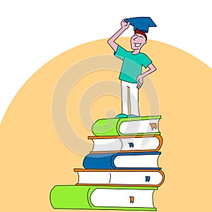 University student graduating on a ladder of books