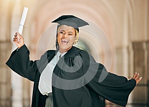 University student, graduation diploma and black woman celebrate school success, college education or award certificate