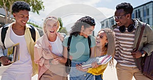 University student group, laugh and hug on walk to class with diversity, care or campus for education. Gen z friends