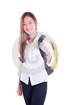 University student smiling isolated over white