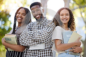 University students, group and friends portrait at park outdoors ready to start learning business management