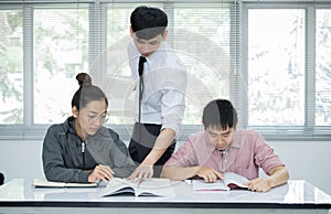 University students study hard and listen to teachers for their lessons with special lectures in the columns of math class