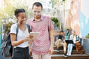 University, students and tablet on campus for education, learning and tuition outdoor. People, study and college youth