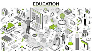 University study. Isometric students learning on training. Outline people in computer class. Knowledge service. Library