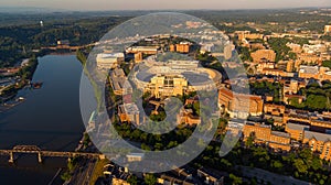 University of Tennessee campus aerial view with river and stadium