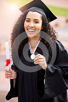 University valedictorian, woman portrait and college degree with achievement with medal. Female person, education