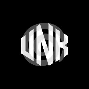 UNK letter logo design with polygon shape. UNK polygon and cube shape logo design. UNK hexagon vector logo template white and