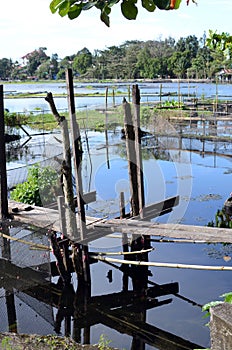 Unkempt, weather damaged lake foot bridge environmental issues that destroy lake