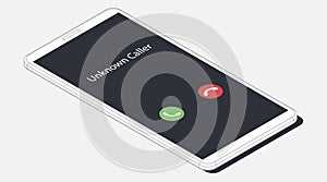 Unknown caller. Isometric vector illustration. Realistic white outline smartphone. 3d model isolated on a gray background. Phone photo