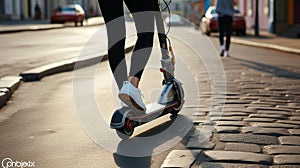 Unknown Girl\'s Stylish Ride Scooting through the city with riding on a black electric scooter. Generative AI