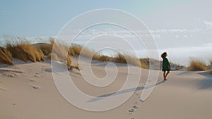 Unknown girl walking desert leaving footprints on sand. Woman stepping on dunes.