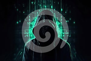 Unknown hacker on cyber background. Internet, cyberspace and data security concept. Generative AI
