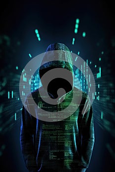Unknown hacker on cyber background. Internet, cyberspace and data security concept. Generative AI