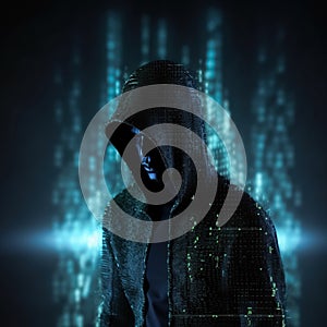 Unknown hacker on cyber background. Internet, cyberspace and data security concept. Generative AI