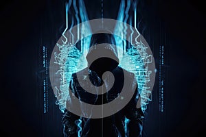 Unknown hacker on cyber background. Internet, cyberspace and data security concept. Generative AI