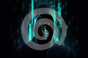 Unknown hacker on cyber background. Internet, cyberspace and data security concept. Generative AI