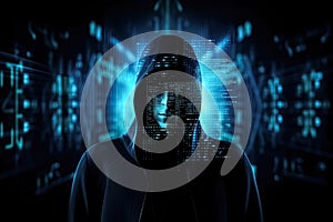 Unknown hacker on cyber background. Internet, cyberspace and data security concept. Generative AI
