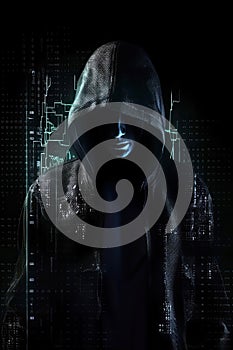 Unknown hacker on cyber background. Internet, cyberspace and data security concept. Generative AI