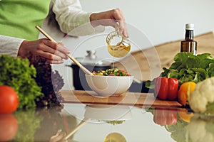 Unknown human hands cooking in kitchen. Woman is busy with vegetable salad. Healthy meal, and vegetarian food concept