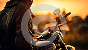 Unknown male biker in leather jacket sits on his vehicle. Man on a bike watching the sunset. Generative AI