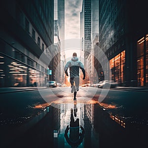 Unknown Male Marathon Runner in a city, vector illustration, double exposure. AI Generated