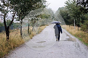 Unknown man walking along a road in the woods, on a rainy day, w