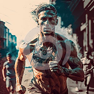 Unknown Marathon Runner in a city, vector illustration, double exposure. AI Generated