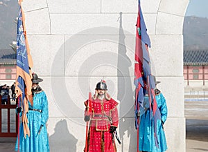 Unknown men in ancient Korean soldier costume in Gyeongbokgung P