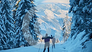 Unknown people ski at famous Langis ski resort in Switzerland