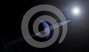 Unknown planet with rings in outer space with stars and nebulas. Space exploration. 3D illustration