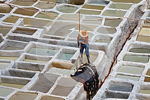 Unknown woker in the tannery in Fez, Morocco. The tanning industry in the city is considered one of the main tourist attractions.