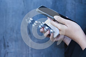 Unknown woman reading medication instructions online doctors and online consultations Contraindications and prescription drugs photo