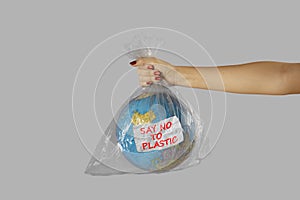 Unknown woman with text of say no to plastic