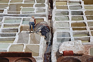 Unknown worker in the tannery in Fez, Morocco. The tanning industry in the city is considered one of the main tourist attractions.