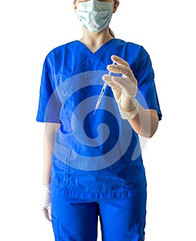 Unknown young female doctor in blue medical uniform holding a sy