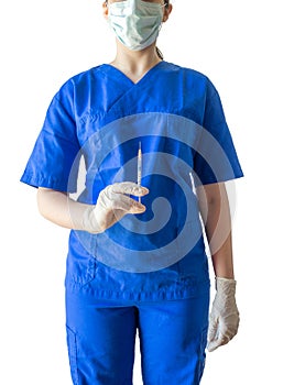 Unknown young female doctor in blue medical uniform holding a sy