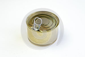 Unlabeled canned tuna on white background. blank mockup tin-coated steel tuna can with open lid on white table. Canned