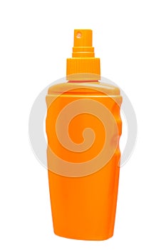 Unlable orange plastic bottle with spray.