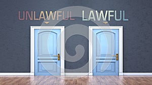 Unlawful and lawful as a choice - pictured as words Unlawful, lawful on doors to show that Unlawful and lawful are opposite