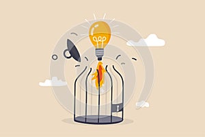 Unleash creativity or unlock business idea to grow beyond limitation concept, lightbulb creative idea breaking birdcage with