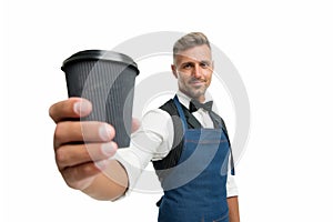 Unleash your inner barista. Coffee barista isolated on white. Happy barman serve hot drink. Takeaway service. Tea master