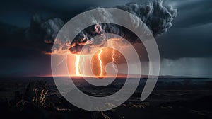 Unleashed Forces: Tornado and Lightning Strike over Volcanic Eruption