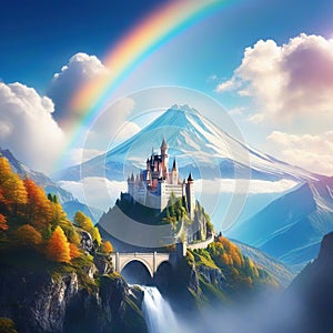 Unleashing the Mystical A Fantasy Castle in The Clouds with Rainbow Bridge using Unreal Engine and Bokeh Effects