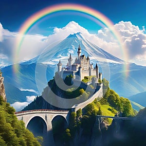 Unleashing the Mystical A Fantasy Castle in The Clouds with Rainbow Bridge using Unreal Engine and Bokeh Effects