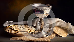 Unleavened bread, chalice of wine, silver kiddush wine cup on red background. Communion still life. Christian