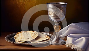 Unleavened bread, chalice of wine, silver kiddush wine cup on red background. Communion still life. Christian