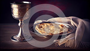 Unleavened bread, chalice of wine, silver kiddush wine cup on red background. Communion still life. Christian