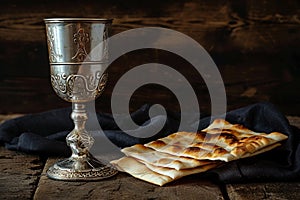 Unleavened bread with silver chalice of wine. Christian communion concept for reminder of Jesus sacrifice. Generative AI