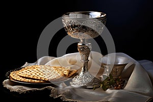 Unleavened bread with silver chalice of wine. Christian communion concept for reminder of Jesus sacrifice. Generative AI