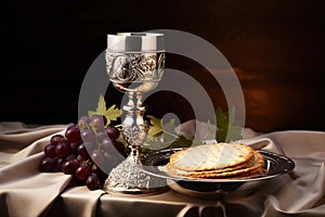 Unleavened bread with silver chalice of wine. Christian communion concept for reminder of Jesus sacrifice. Generative AI